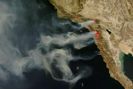 Terra satellite image of southern California wildfires
