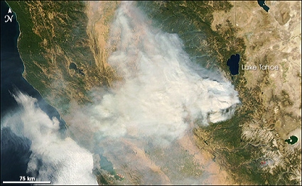 Aqua satellite MODIS instrument image of California wildfires