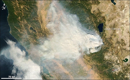 Aqua satellite MODIS instrument image of California wildfires