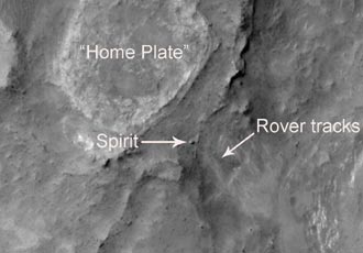The Spirit Mars rover as seen by the Mars Reconnaissance Orbiter