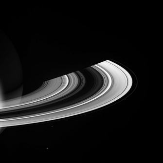 Image of Saturn's rings and moons Mimas, Janus, Pandora, and Prometheus