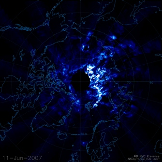Aeronomy of Ice in the Mesosphere (AIM) satellite image of noctilucent clouds