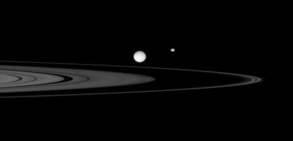 Cassini spacecraft image of rings and moons Mimas and Epimetheus.