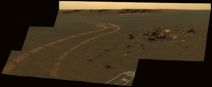 Tracks on the martian landscape from the Opportunity Mars rover