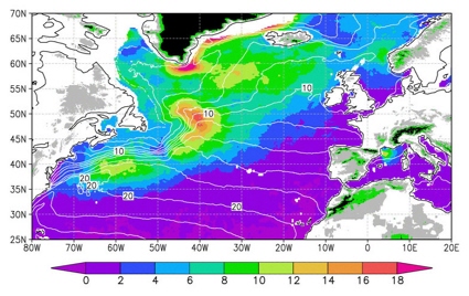 QuikScat satellite image of winter Gulf Stream winds off Canada