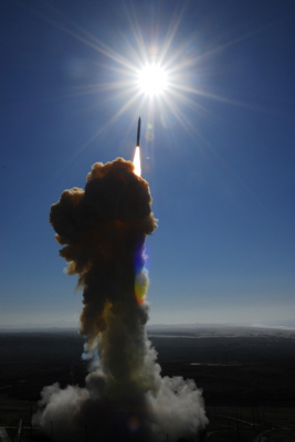 A Ground Based Interceptor lifts-off from Vandenberg AFB