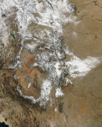 Satellite view of snow on Rocky Mountains