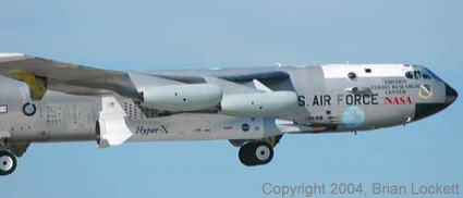 Closeup of the B-52 / X-43A leaving Edwards AFB